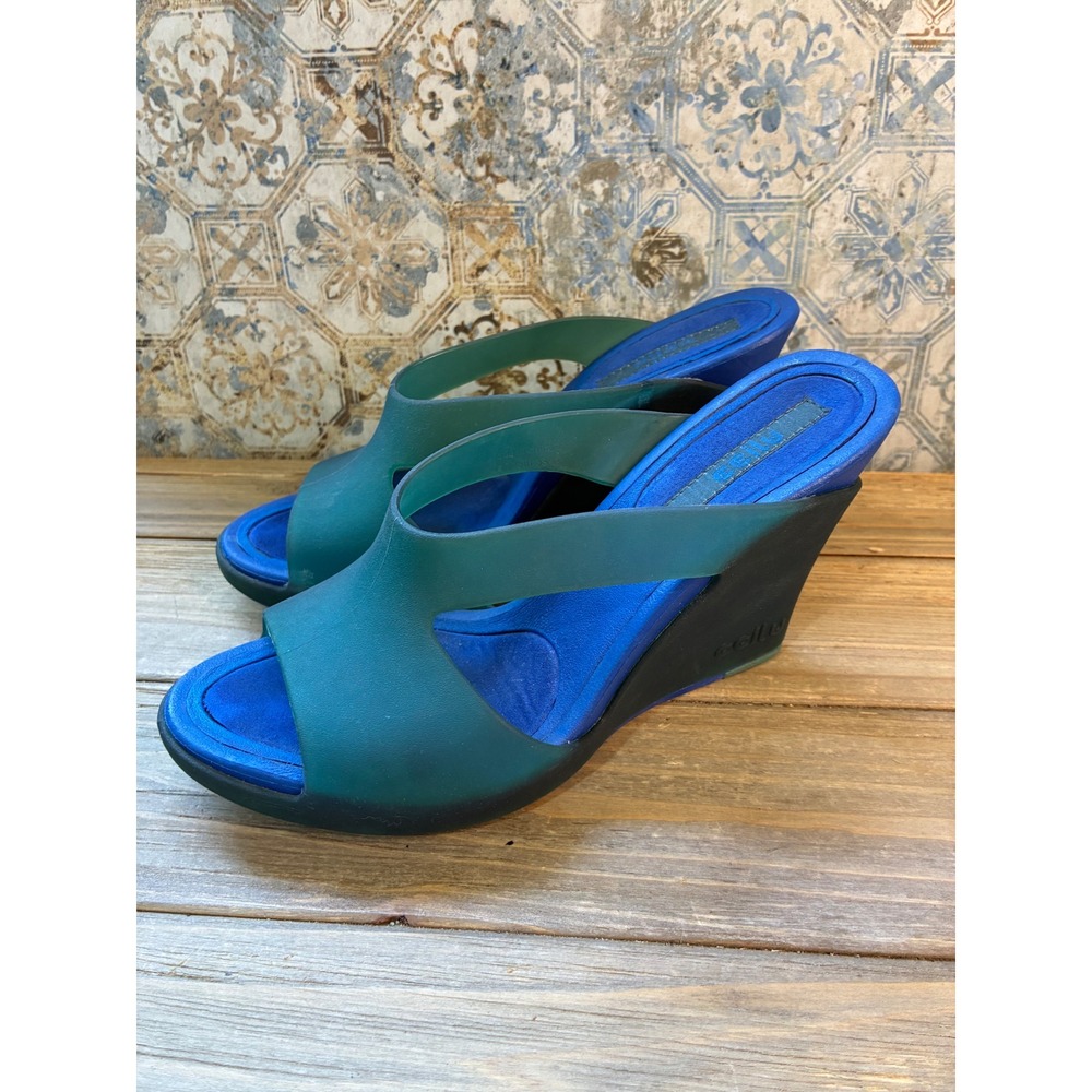 Ccilu Wedge Sandals Two Tone Jelly Slide Womens 6 Blue Teal Good
